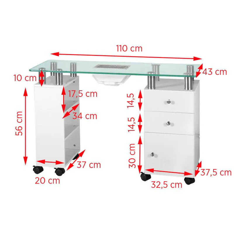 GLOSSIQ Glass Manicure Table with Dust Extractor – 2 Cabinets, 3 Drawers & 8 Castors | White - Image 2