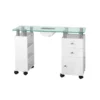 GLOSSIQ Glass Manicure Table with Dust Extractor – 2 Cabinets, 3 Drawers & 8 Castors | White