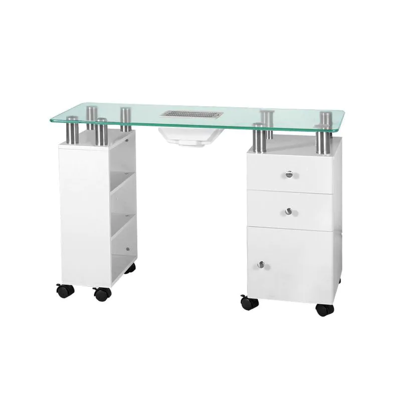 GLOSSIQ Glass Manicure Table with Dust Extractor – 2 Cabinets, 3 Drawers & 8 Castors | White
